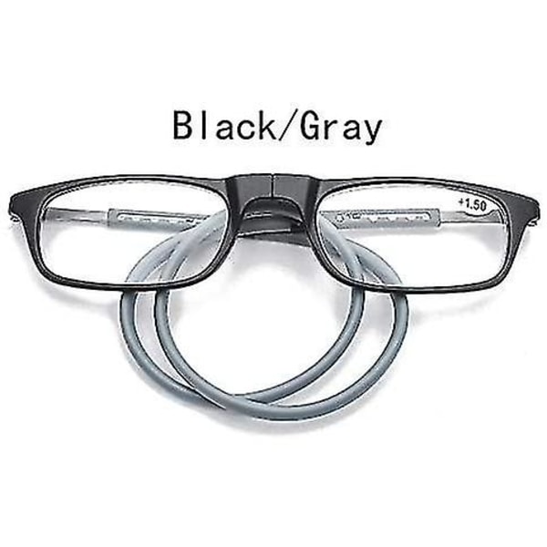 Magnetiska hängande halsglasögon Bärbara hopfällbara Tr90 läsglasögon för män kvinnor Black and Gray 3.0x