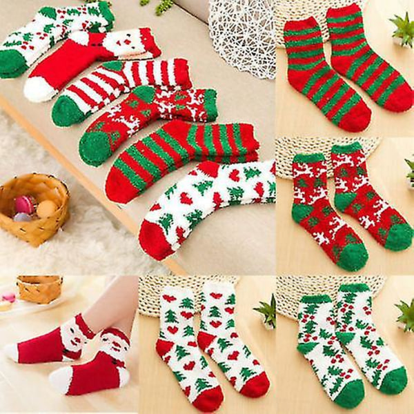 Naisten joulu Fuzzy Sleeping Socks Xmas Fluffy Home Lattiasukat 6 Pairs All Patterns Mixed