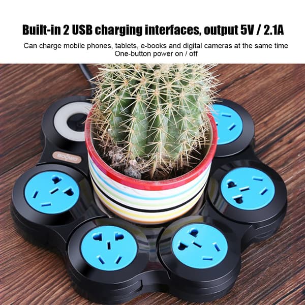Multifunktionel strømskinne med 5 stikkontakter og USB-port