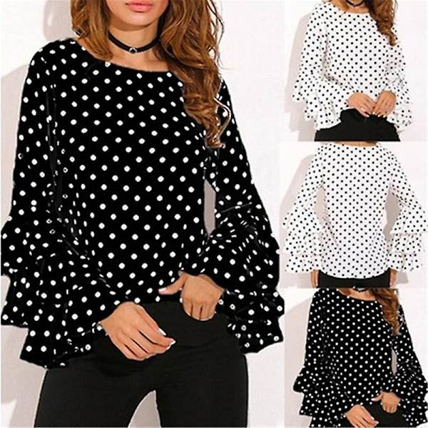 Damprickiga skjortor Vårmode O-hals långärmad blus Femininas Casual svartvita toppar skjorta Ny XXXL Svart XXXL Black