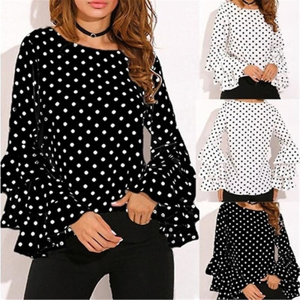 Polka Dot skjorter Vårmote O-hals Langermet bluse Femininas Casual Svart og hvit topper Skjorte Ny L Svart L Black