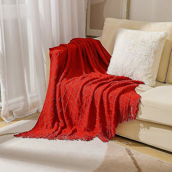 Inya Slängfilt Strukturerad Solid Mjuk Soffa Soffa Överdrag Dekorativ nordisk stickad filt Tyngd juldekor Plädar diamond red 150x230cm