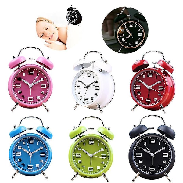 Klassisk retro väckarklocka med dubbelklocka, väckarklocka med dubbelklocka med bakgrundsbelysning, skrivbordsklocka och bordsklocka Pink