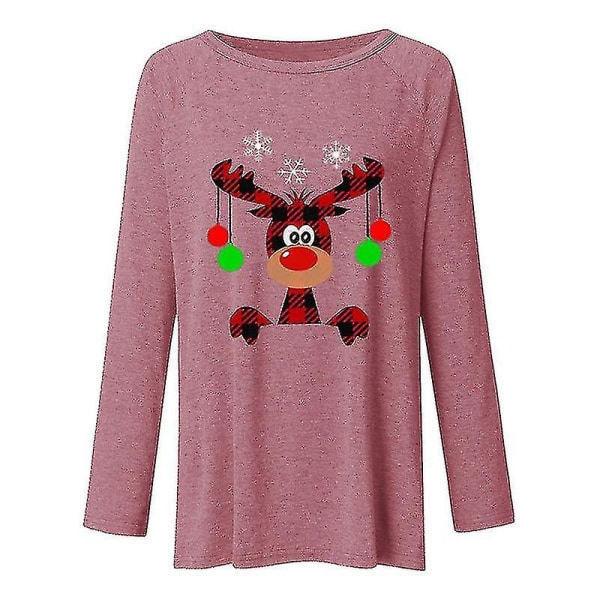 Hhcx-christmas Xmas Reindeer Print Women T-shirt Blouse Longline Top Pink L