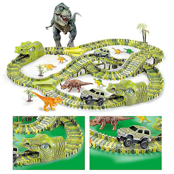 Hhcx Dinosaur Race Track Set Rail Car Less Assembly Bend Flex Racing Track Led Elektroninen Flash Light Autolelut lapsille 200pcs set