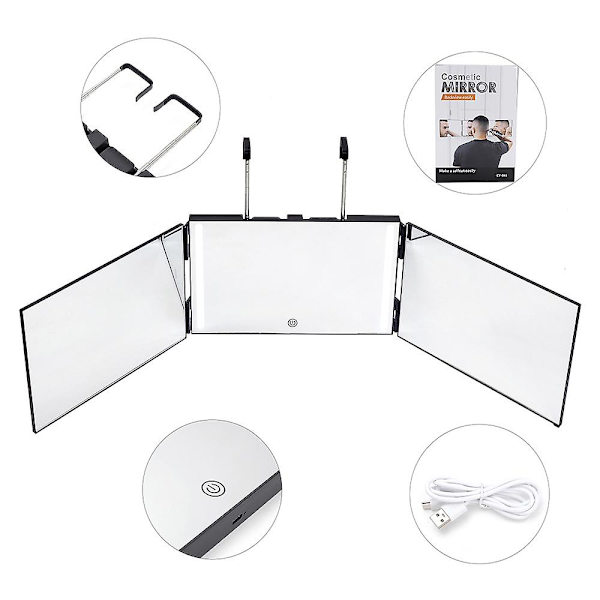 Way Mirror For Self Hair Cutting 360 Mirror With Led Lights, Trifold Self Haircut