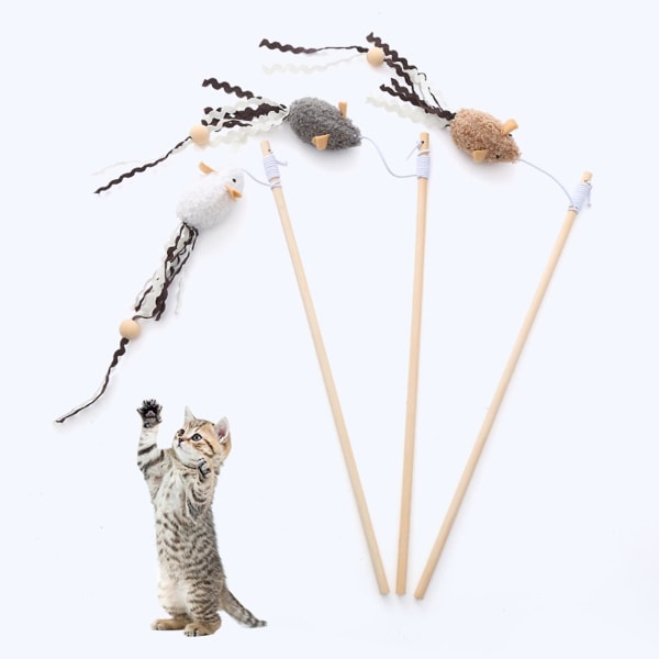 Cat Wand Bittålig trästolpemus retar Cat Funny Stick For Kitty City Grey