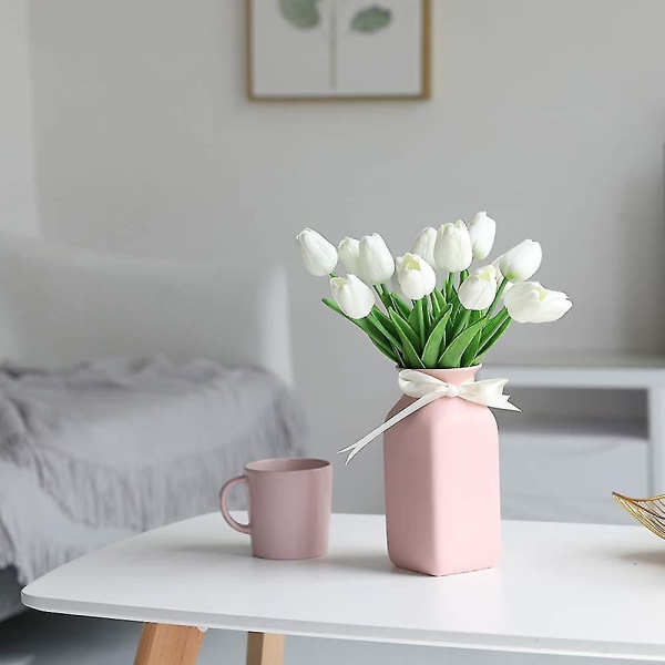 20 stk kunstige tulipanblomster Fake Real Touch Tulipaner Blomsterbukett til bryllupsarrangementer Hjemmedekorasjon White