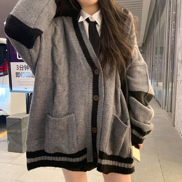 Deeptown grå stripet strikket genser cardigan kvinner koreansk stil Harajuku oversize genser Preppy mote dameoverdeler vinter