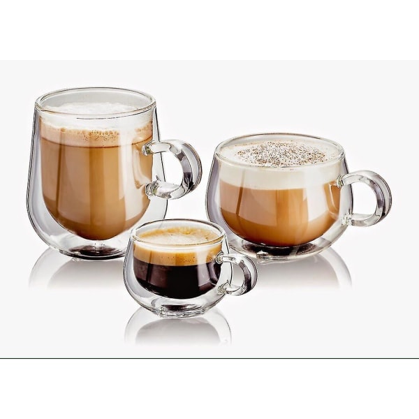 50ml/150ml/280ml dubbelväggiga kaffekoppar i glas med handtag, set med 2 280ml