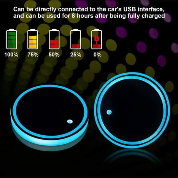 LED-kopholder - 7 farver med vibrationssensor, USB-drevet - Bilinteriør - 2-pak