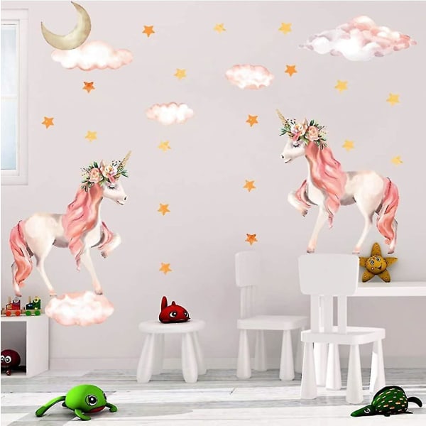 2-delade söta enhörningsväggdekaler- Unicorn And Stars avtagbar väggdekal