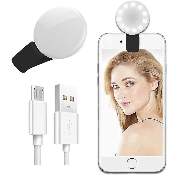 Selfie Clip On Ring Light, Mini Genopladelig Justerbar Lysstyrke