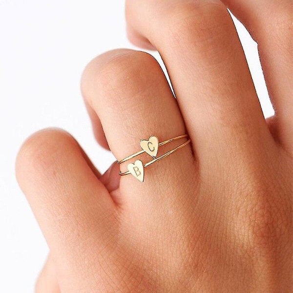 Handstämplad stapling A-z 26 bokstäver Initialt namn Tiny Heart Rings Kompatibel med Kvinnor Guld Färg Finger Ringar Smycken Partihandel YSilver Color