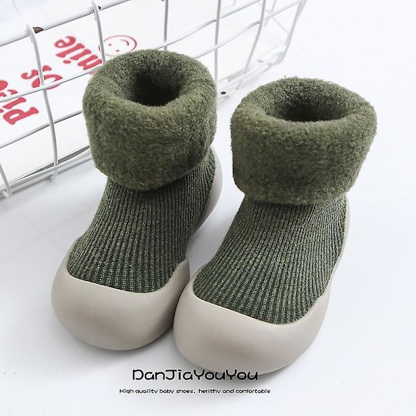 Nya förtjockade barnstrumpor Skor Vinter Supervarma Baby Pojkar Flickor Sneakers Nyfödda inomhusskor Golvskor Toddler 2-4 Years Green