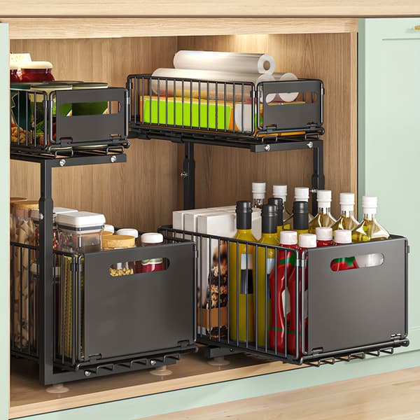 【BQ】2-Tier Pull-Out Storage Basket No Drilling Foldable Metal Sliding Organizer for Under Sink Cabinet
