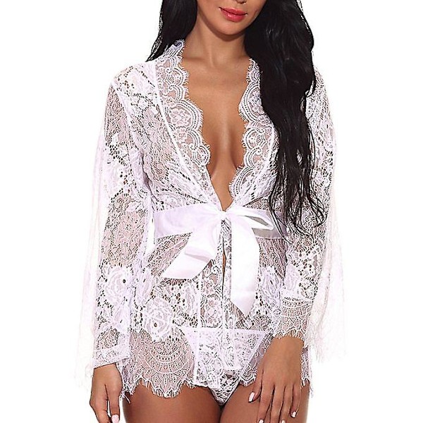 Naisten seksikäs aamutakki Babydoll Lace Alusvaatteet vyö + g-string kylpytakki