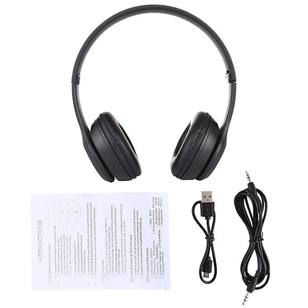 P47 hopfällbara trådlösa Bluetooth hörlurar med 3,5 mm ljudjack, stöd för mp3/fm/samtal (svart)