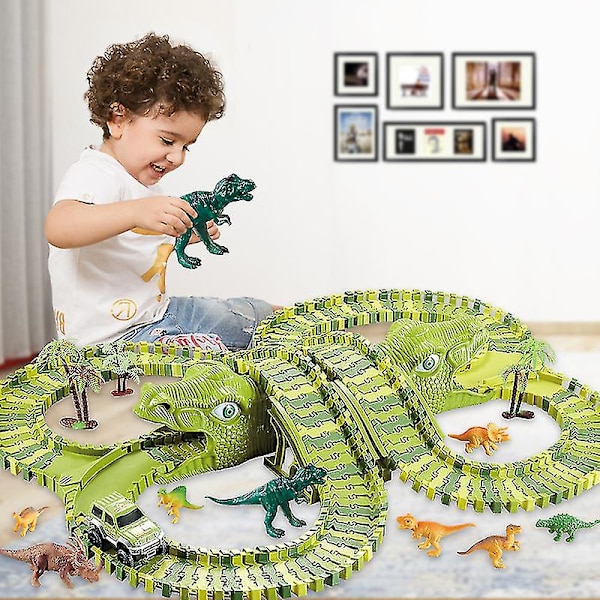Hhcx Dinosaur Race Track Set Rail Car Less Assembly Bend Flex Racing Track Led Elektroninen Flash Light Autolelut lapsille 240pcs set