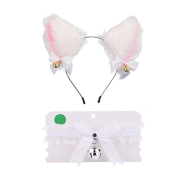 Kattöron Pannband Furry Cat Ears Hårbåge med rosett Bell Spets Choker Halsband Vit bell pannband White bell headband