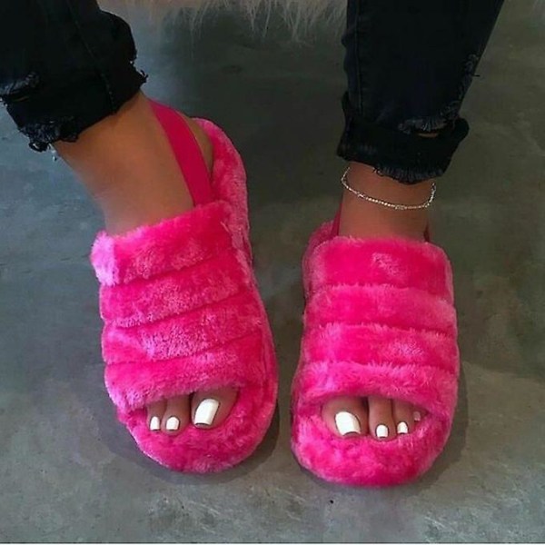 Vinter Kvinder Hjemmesko Rygstrop Plys Varme Sko Kvinde Slip On Flats Slides Søde Plys Fluffy Lady Bomuld Hjemmesko Pink Szy EU 42