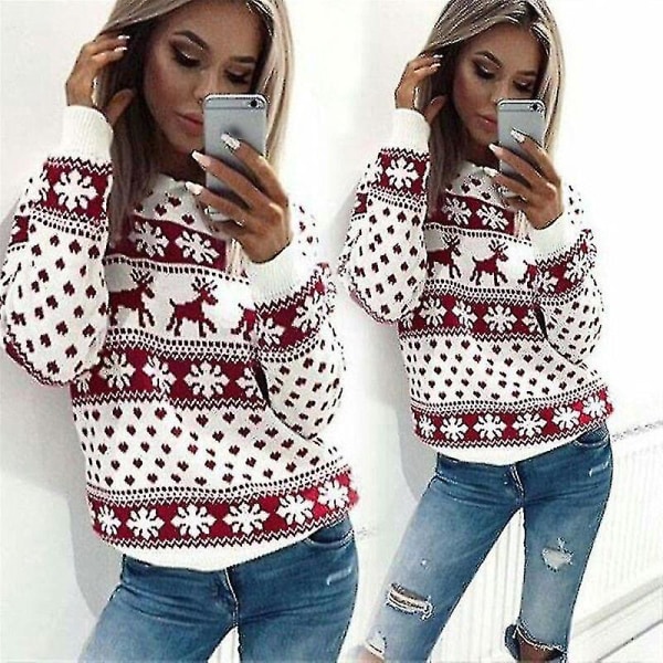 Hhcx-christmas Kvinder Xmas Print Strik Sweater Langærmet Pullover Jumper Top Red XL