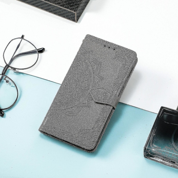 Samsung Galaxy Note 20 deksel Lær lommebokdeksel Emboss Mandala Magnetic Flip Protection Støtsikker - Grå