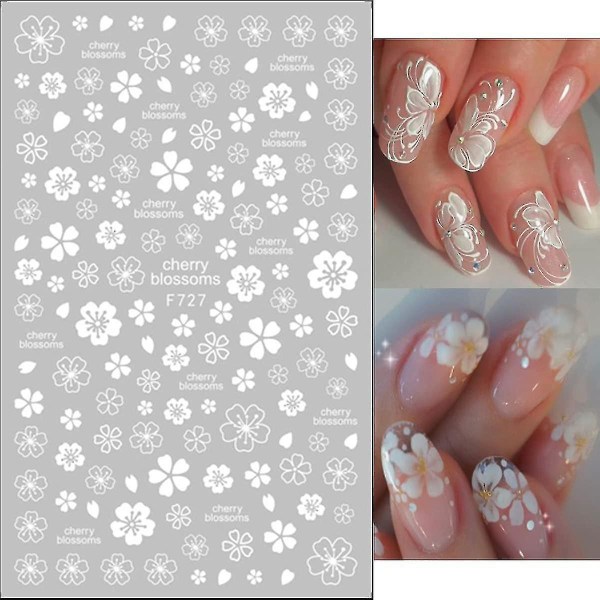 Flower Nail Art Stickers Decals White Flower Design Cherry Blossoms 4 Sheet Beauty Design For Diy Acrylic 3d Self-adhesive Nail Decoration