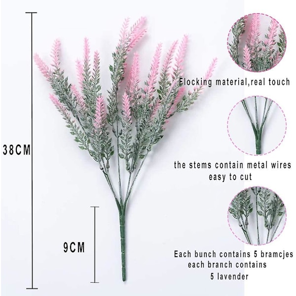 4 kunstige blomsterbuketter flokkede kunstige blomster Lavendelplante kunstige blomster pottedekoration (rød) Pink Pink