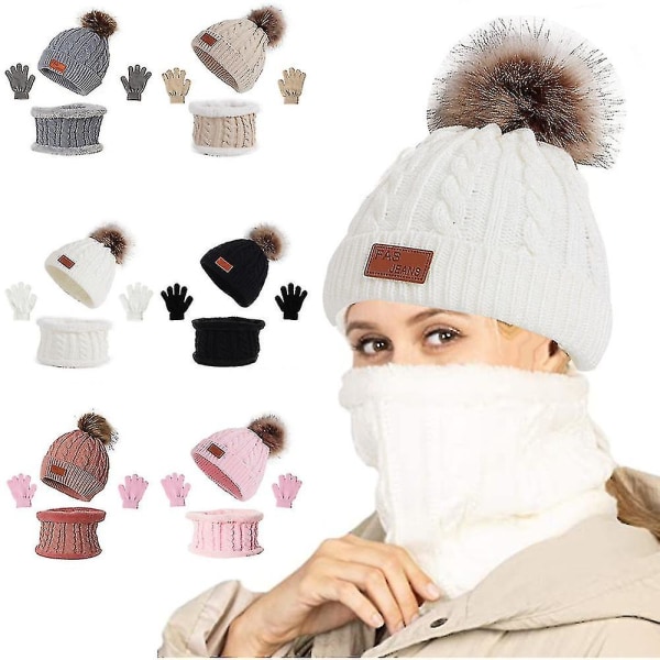3st Winter Girls Beanie Hat Scarf Och Handskar Sets Classic Knit Warm Cap White