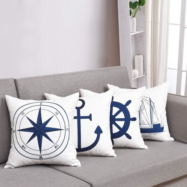 Sæt med 4 nautiske pudebetræk Navy Anchor Compass Pudebetræk 45x45cm