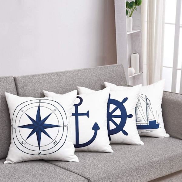 Set med 4 Nautiska kuddfodral 45x45cm Nautical Style Vit och Blå