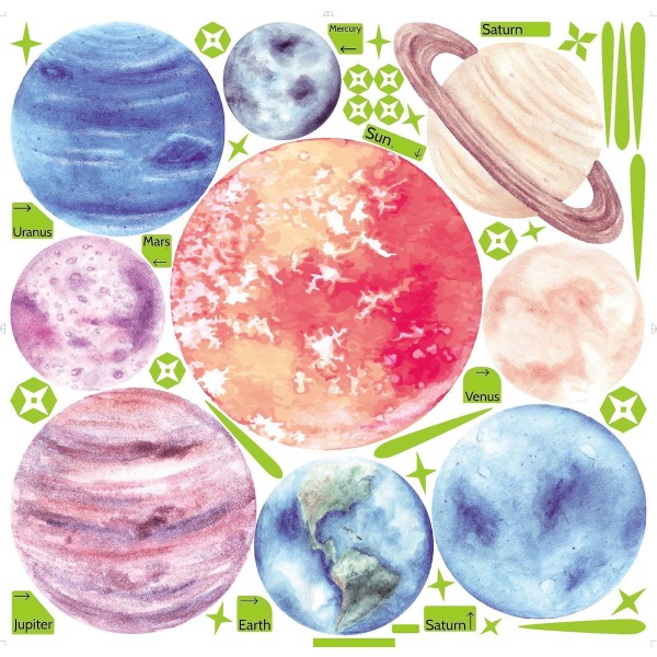 Glow-In-The-Dark Moon And Nine Planets Stickers - Indretning til børneværelset 30*82CM
