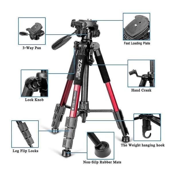 Zomei Professional Bærbart reisestativ i aluminium for kamera og videokamera Red