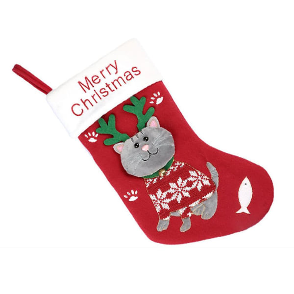 Julestrømper - Røde ikke-vævede søde katte julestrømper til familie, børn, juletræspynt (kat)