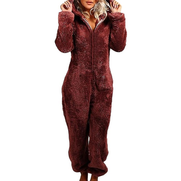 Women Fluffy Fleece Hooded Jumpsuit Wine Red 3XL