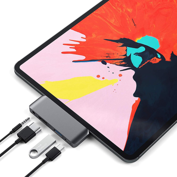 Lämplig för Ipad Pro Hub Usb-c till HDMI+3.5+ USB+pd Hub Type-c Dockningsstation grå grey