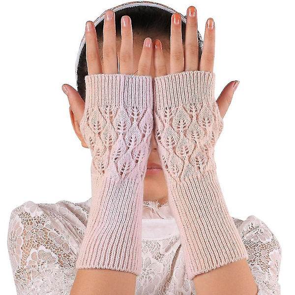 Kvinders lange håndbroderede handsker strikket varm til vinteren Fingerløs sort Light Pink