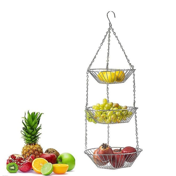 3-lagers hängande korg Organizer Kök Heavy Duty Wire Organizer Kökshängande fruktkorg