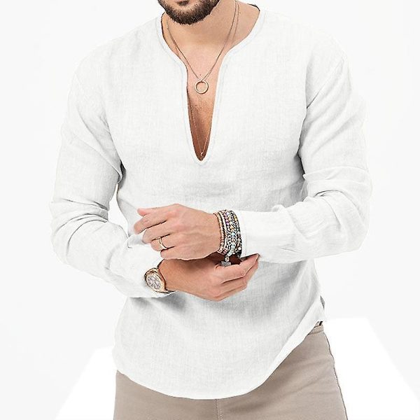 Slim linne långärmad T-shirt herr vit M