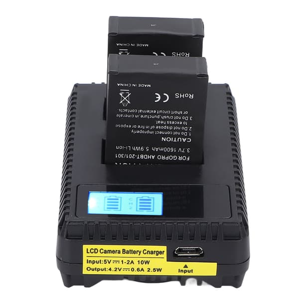 Dobbelt USB Batterilader LCD Display Kamera Batterilader med 2 Batterier til Hero2 3