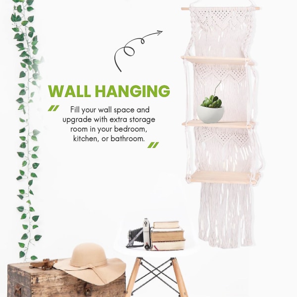 Boho Macrame Vägghängande hylla 3 våningar Handgjorda vävda tofs Trä Organizer Hyllor Vägg Flytande H