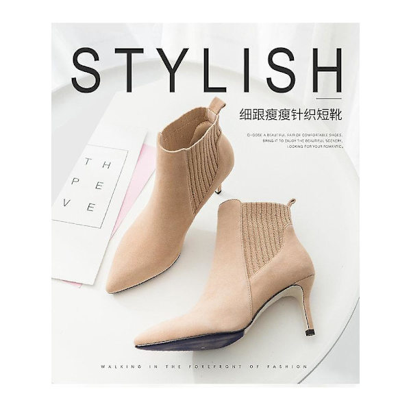 Damstövlar Ankelkorta stövlar Flock spetsad tå 7 cm tunna klackar Vinterstövlar Dam Ull Elastisk Slip On Kvinnor Högklackade stövlar 40 aprikos 40 apricot