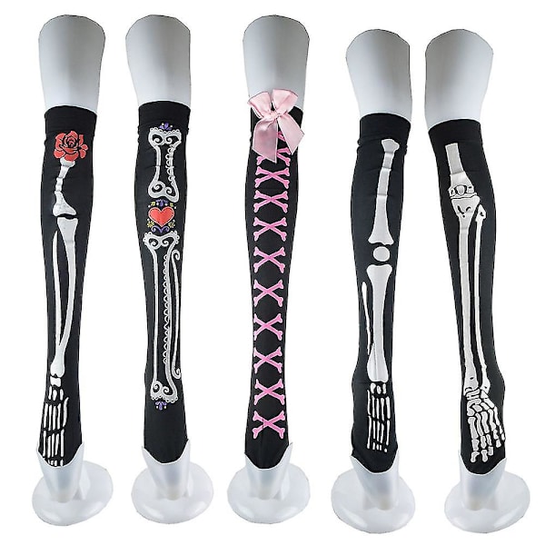 Skelet Over Knæene Polyester Sokker Halloween Skelet Fest Lange Strømper Sjove Strømper To Knogler rose bone