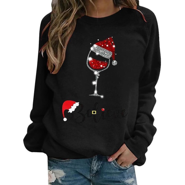 Jul Kvinder Langærmet T-shirt Xmas Print Casual Løse Toppe Bluse Black M