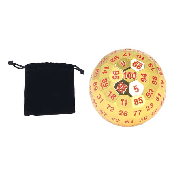 100-siders polyedrisk terning sett 5cm diameter gullfarge lettlest fløyels pose alder 14 pluss
