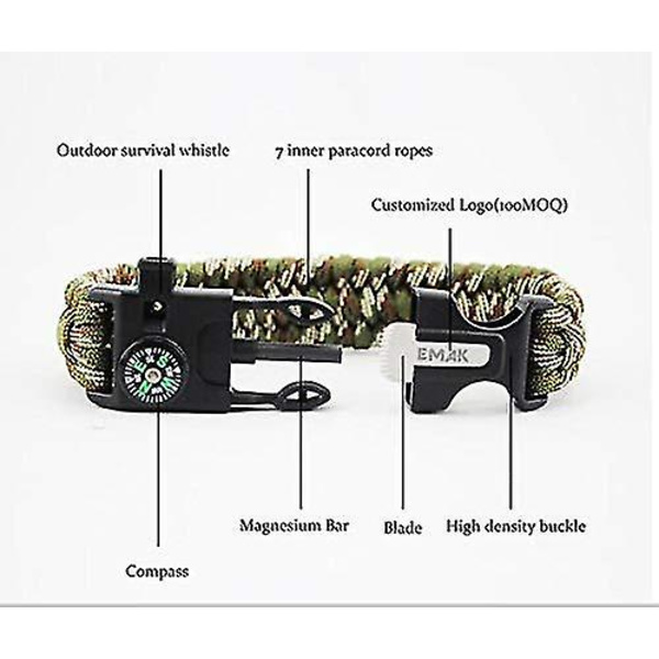 Survival Paracord armbånd; 5 i 1 overlevelsessæt. Parachord, flintfløjte, kompas, skraber/flaskeåbner. Til Vandreture, Camping