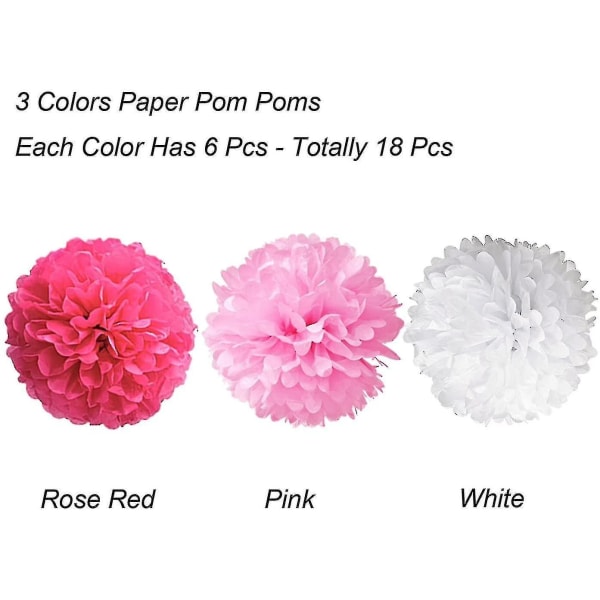 Pakke med 18, rosa Pom Poms-blomster, dekorasjonspapirsett for fest