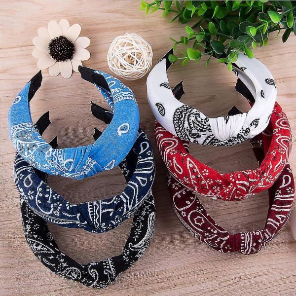 6 deler toppknute pannebånd Paisley Boho pannebånd Vintage kryssknyttede pannebånd vridd knute hodebånd Bredt hårbånd for kvinner og jenter