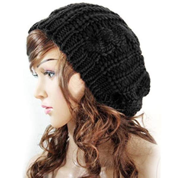 Hhcx-kvinner Vinter Varm Strikket Tykk Hekle Slouch Stretch Dame Beanie Varm Lue Black